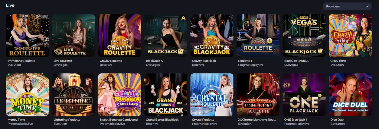 Live casino tables including roulette, blackjack, and game shows at Jeet City